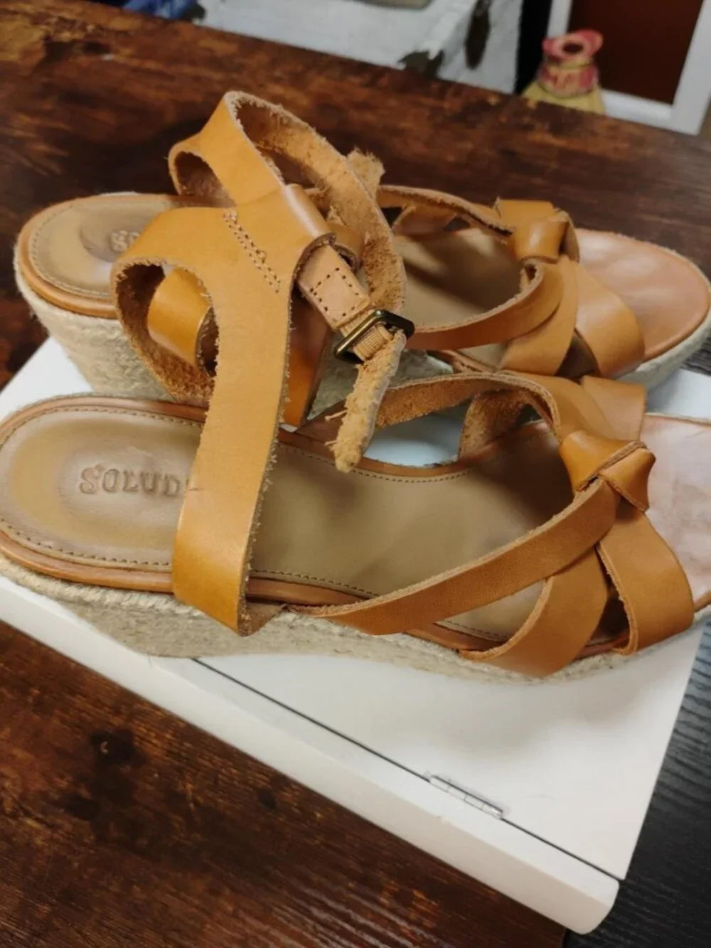 Soludos Tan Leather Espadrille Wedge Sandals Ankle Strap Est. 8.5